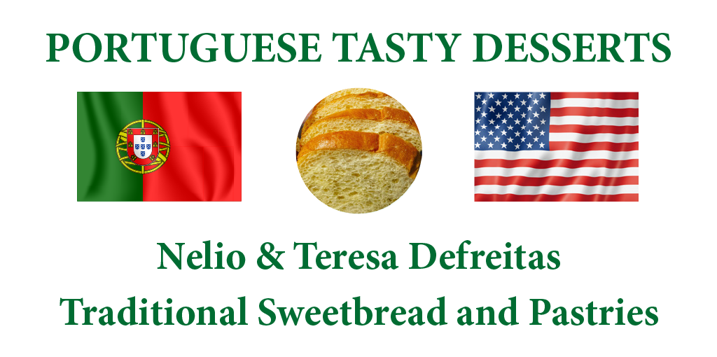 Portugues Tasty Desserts Logo of the American flag, sweet bread, and the Portugues flag